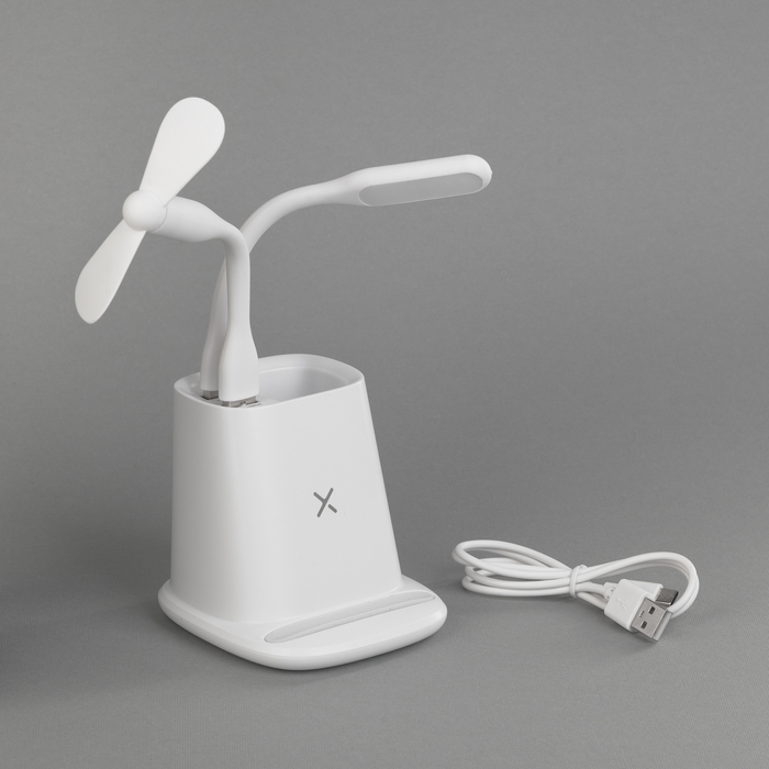 Карандашница "Smart Stand" с беспроводным зарядным устройством, вентилятором и лампой (2USB разъёма) для нанесения логотипа