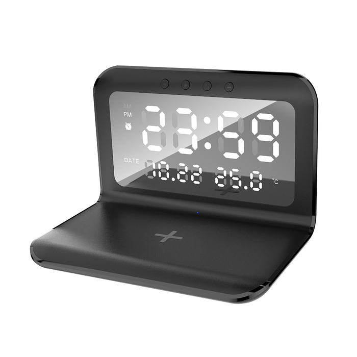 Настольные часы "Smart Time" с беспроводным (15W) зарядным устройством, будильником и термометром, со съёмным дисплеем для нанесения логотипа