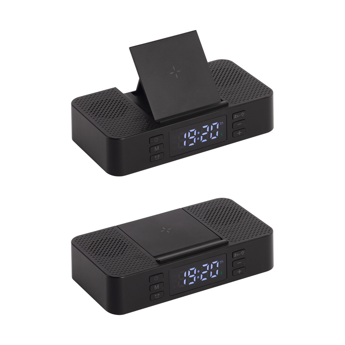 Настольные часы "Smart Box" с bluetooth колонкой (2х3Вт), беспроводным (15W) зарядным устройством и складной подставкой под смартфон для нанесения логотипа