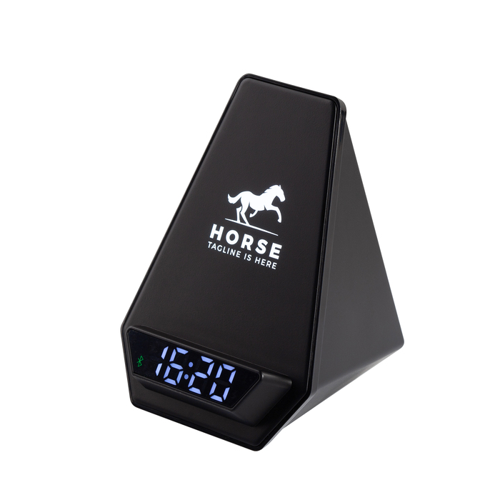 Настольная Bluetooth колонка (3Вт) "Smart Pyramid" с часами и беспроводным (15W) зарядным устройством, с подсветкой логотипа для нанесения логотипа