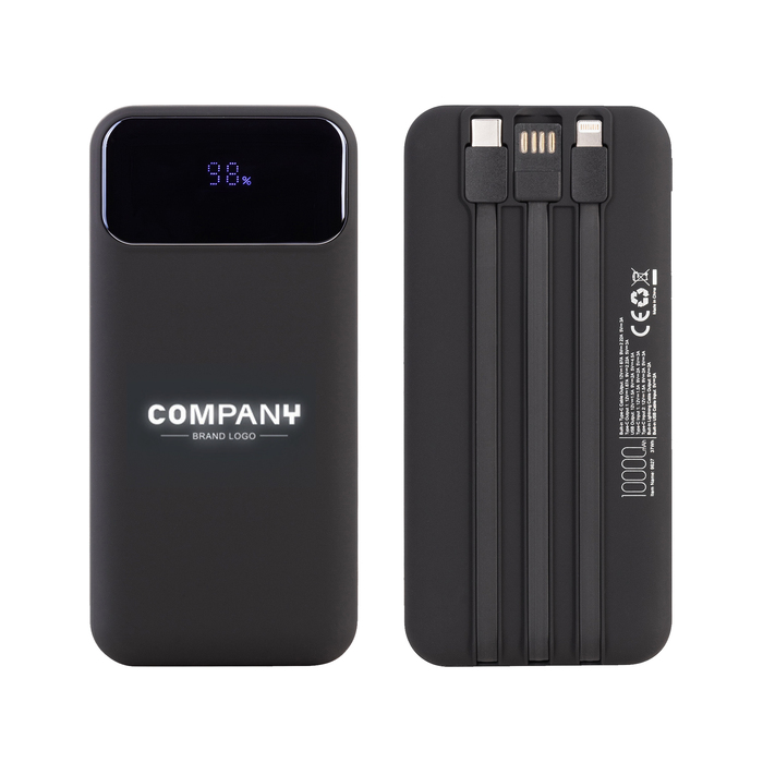 Зарядное (22.5W) устройство "Grade SOFTTOUCH" 10000 mAh с подсветкой логотипа, встроенными кабелями и цифровым индикатором заряда для нанесения логотипа