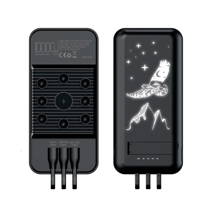 Беспроводное зарядное (22.5/15W) устройство "Topfull SOFTTOUCH" 10000 mAh с подсветкой лого, присосками, встроенными кабелями, с подставкой для нанесения логотипа