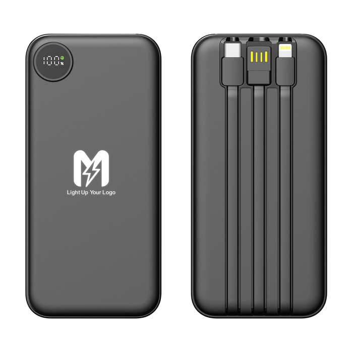 Зарядное устройство "Форт" 10000 mAh с подсветкой логотипа, встроенными кабелями и цифровым индикатором заряда для нанесения логотипа
