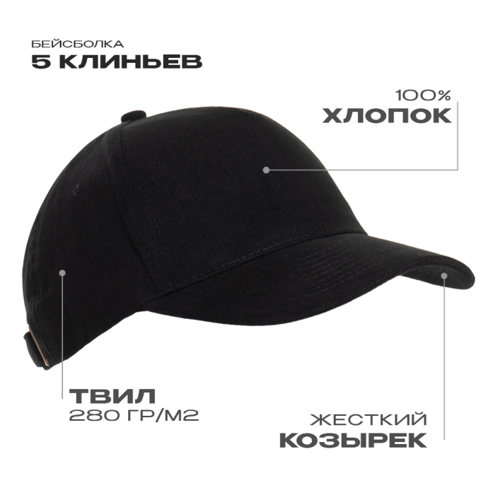Бейсболка STAN 5 клиньев хлопок 280, 11, Чёрный,  (20)  (56-58/ONE SIZE) для нанесения логотипа