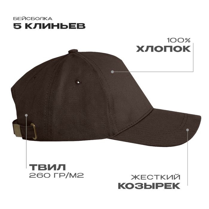 Бейсболка STAN 5 клиньев хлопок 260, 12, Тёмно-Шоколадный,  (107)  (56-58/ONE SIZE) для нанесения логотипа