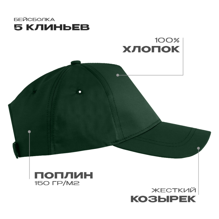 Бейсболка STAN 5 клиньев хлопок, 150, 13, Тёмно-зелёный,  (130)  (56-58/ONE SIZE) для нанесения логотипа