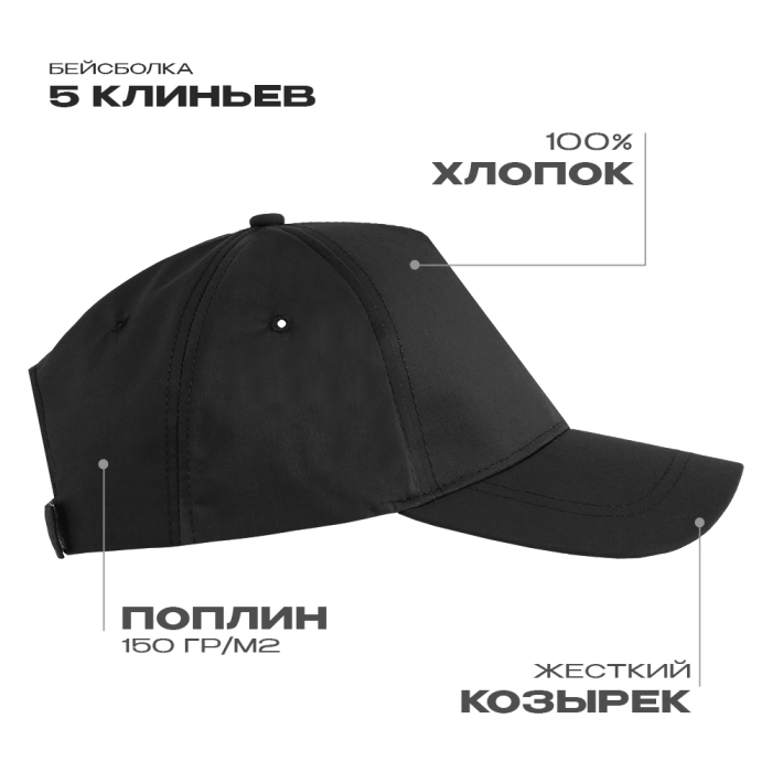Бейсболка STAN 5 клиньев хлопок, 150, 13, Чёрный,  (20)  (56-58/ONE SIZE) для нанесения логотипа