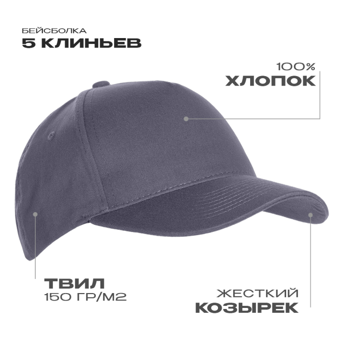 Бейсболка STAN 5 клиньев хлопок 150, 10L, Графит,  (101)  (56-58/ONE SIZE) для нанесения логотипа