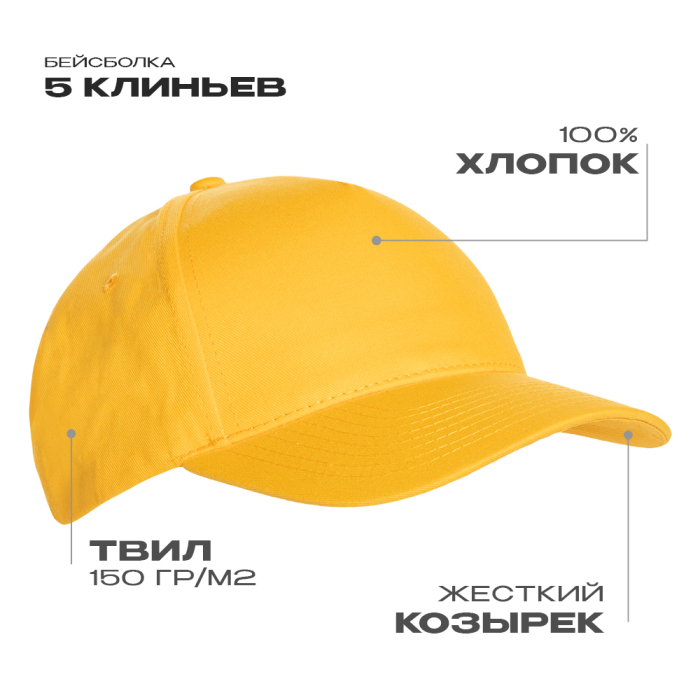 Бейсболка STAN 5 клиньев хлопок 150, 10L, Жёлтый,  (12/1)  (56-58/ONE SIZE) для нанесения логотипа