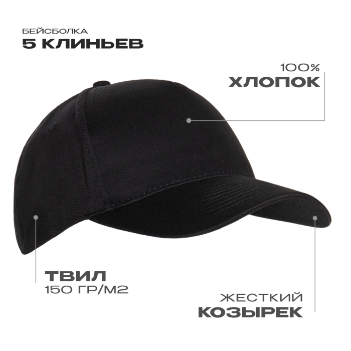Бейсболка STAN 5 клиньев хлопок 150, 10L, Чёрный,  (20)  (56-58/ONE SIZE) для нанесения логотипа