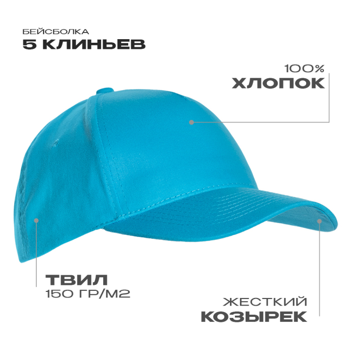 Бейсболка STAN 5 клиньев хлопок 150, 10L, Бирюзовый,  (32)  (56-58/ONE SIZE) для нанесения логотипа
