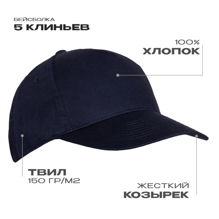 Бейсболка STAN 5 клиньев хлопок 150, 10L, Тёмно-синий,  (46)  (56-58/ONE SIZE) для нанесения логотипа