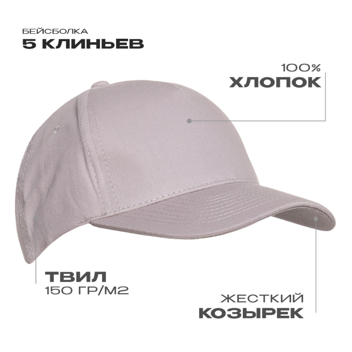 Бейсболка STAN 5 клиньев хлопок 150, 10L, Светло-серый,  (72)  (56-58/ONE SIZE) для нанесения логотипа