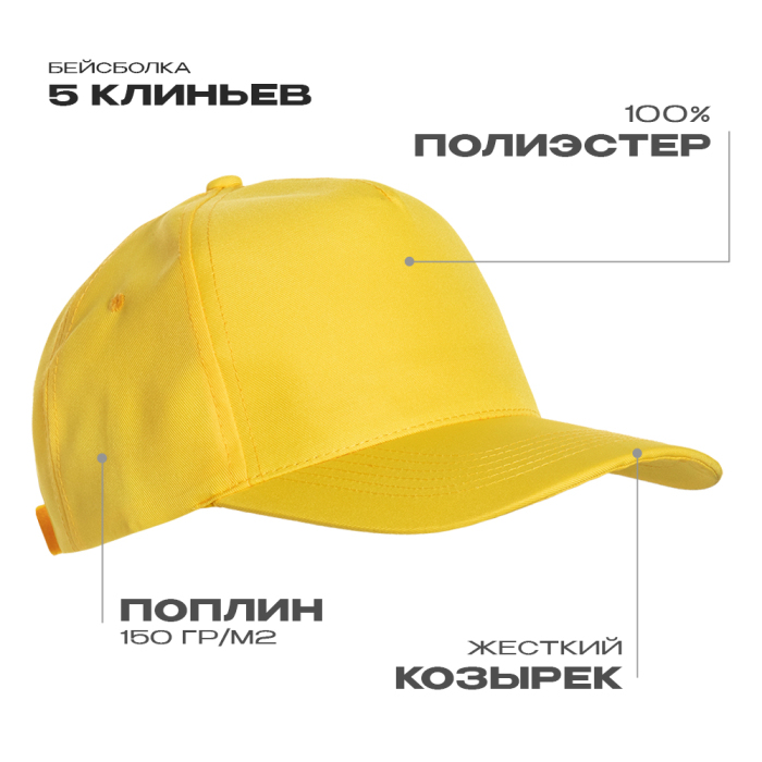 Бейсболка STAN 5 клиньев полиэстер 150, 10P, Жёлтый,  (12/1)  (56-58/ONE SIZE) для нанесения логотипа