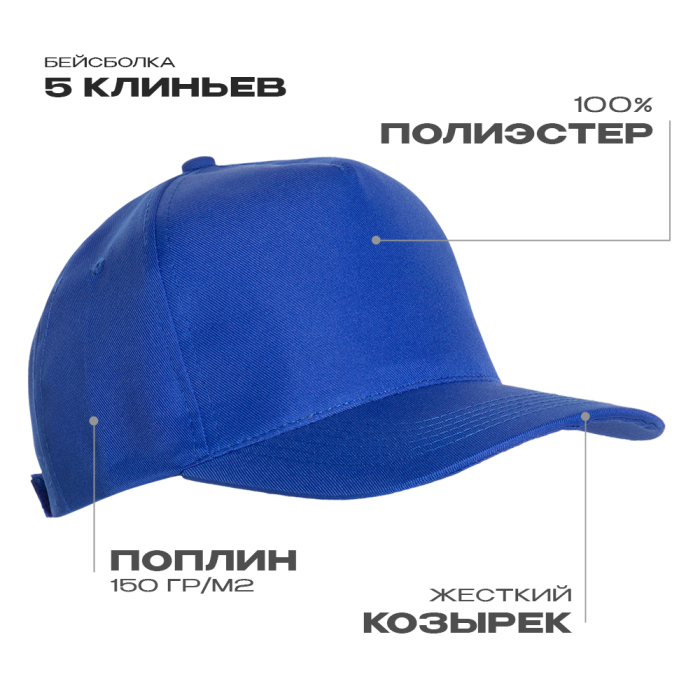 Бейсболка STAN 5 клиньев полиэстер 150, 10P, Синий,  (16/1)  (56-58/ONE SIZE) для нанесения логотипа
