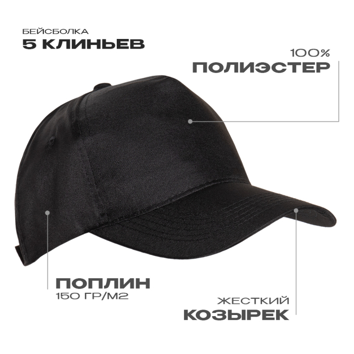 Бейсболка STAN 5 клиньев полиэстер 150, 10P, Чёрный,  (20)  (56-58/ONE SIZE) для нанесения логотипа