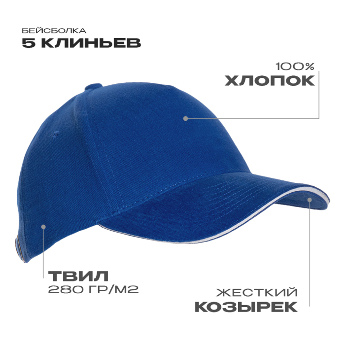 Бейсболка с кантом STAN 5 клиньев хлопок 280, 11K, Синий,  (16/1)  (56-58/ONE SIZE) для нанесения логотипа