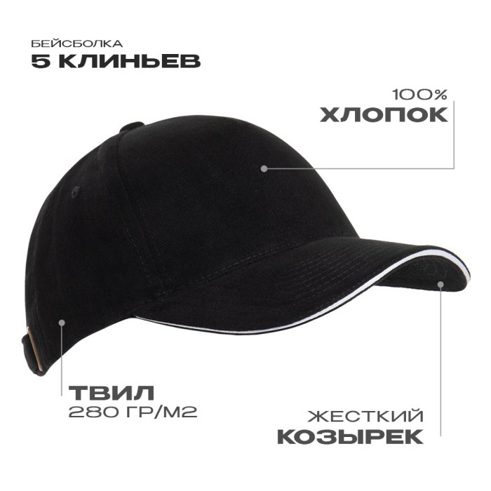 Бейсболка с кантом STAN 5 клиньев хлопок 280, 11K, Чёрный,  (20)  (56-58/ONE SIZE) для нанесения логотипа