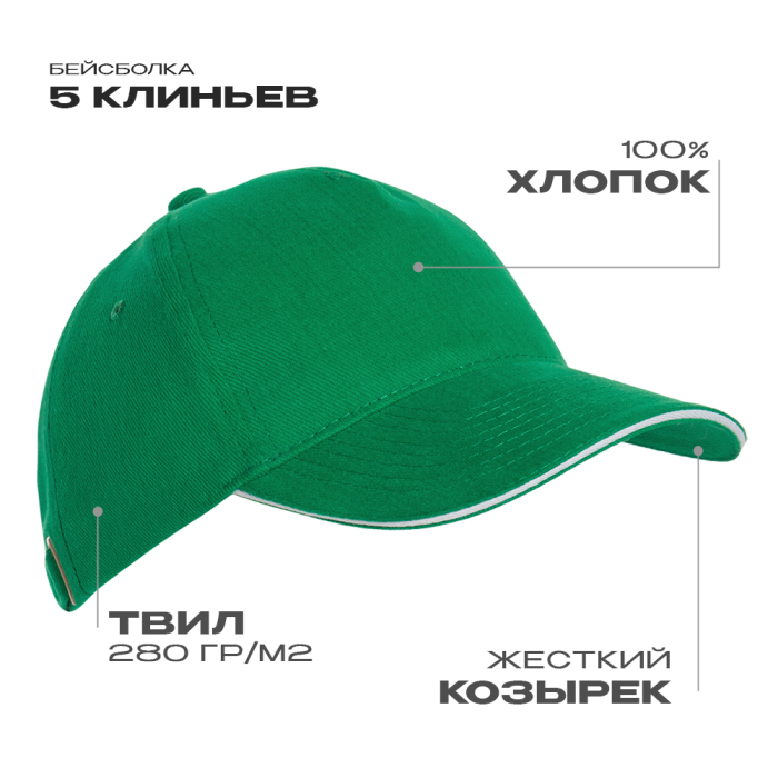 Бейсболка с кантом STAN 5 клиньев хлопок 280, 11K, Зелёный,  (30)  (56-58/ONE SIZE) для нанесения логотипа