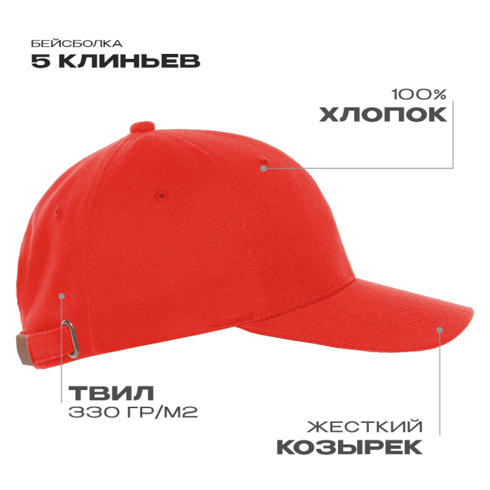 Бейсболка STAN 5 клиньев хлопок 330, 01, Красный,  (14)  (56-58) для нанесения логотипа