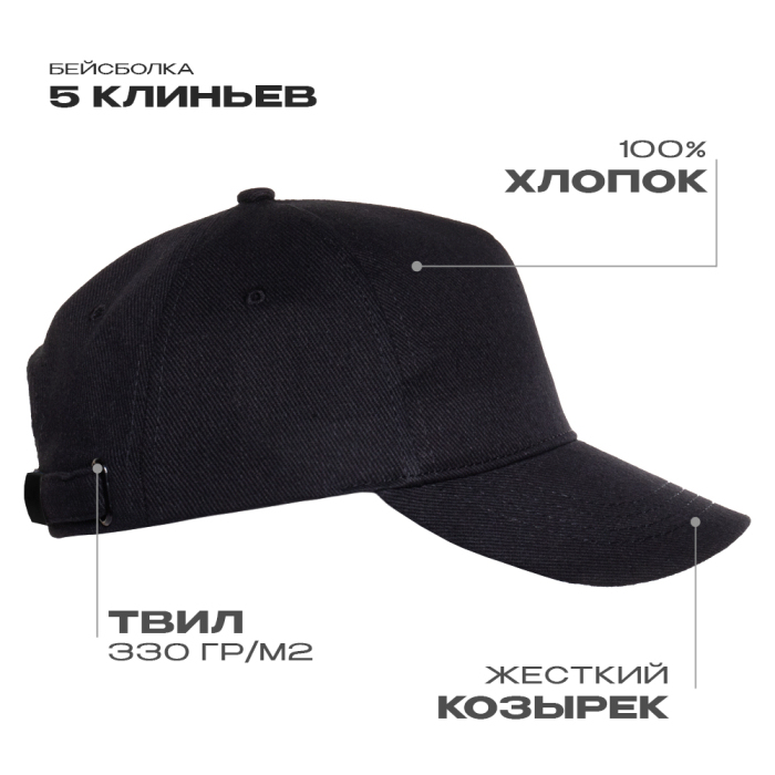 Бейсболка STAN 5 клиньев хлопок 330, 01, Чёрный,  (20)  (56-58) для нанесения логотипа