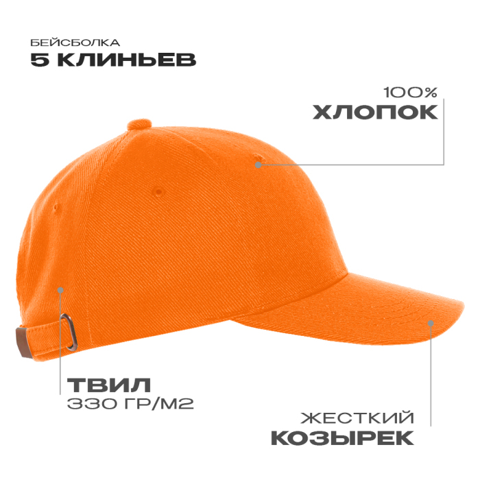 Бейсболка STAN 5 клиньев хлопок 330, 01, Оранжевый,  (28/1)  (56-58) для нанесения логотипа
