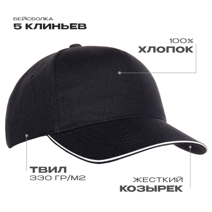 Бейсболка с кантом STAN 5 клиньев хлопок 330, 04, Чёрный,  (20)  (56-58) для нанесения логотипа