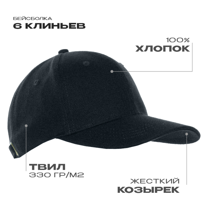 Бейсболка STAN 6 клиньев хлопок 330, 06, Чёрный,  (20)  (56-58) для нанесения логотипа