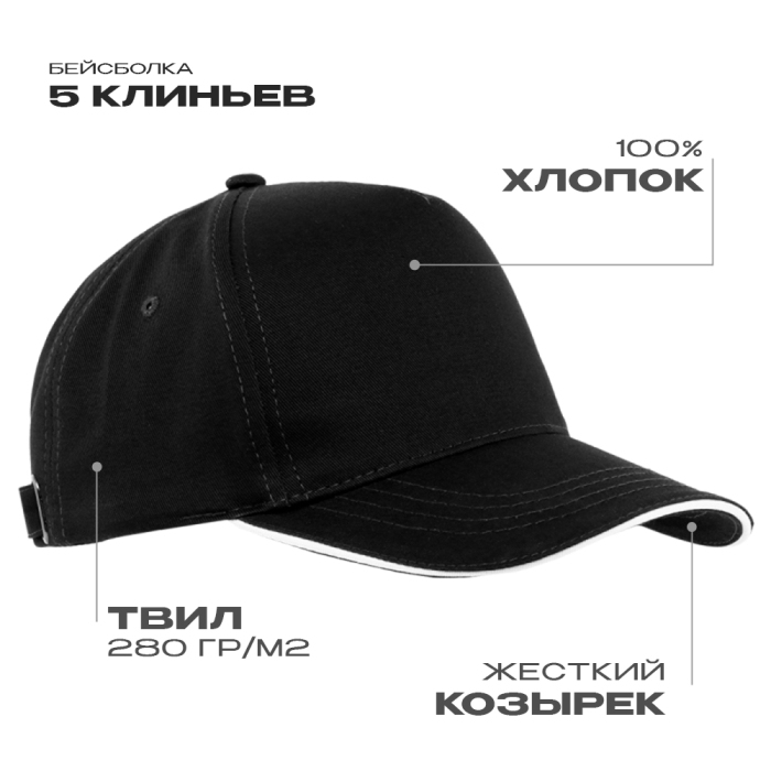 Бейсболка с кантом STAN 5 клиньев хлопок 280, 14, Чёрный,  (20)  (56-58) для нанесения логотипа