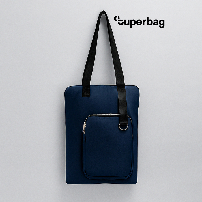 Шоппер Superbag Pocket, с внутренним креплением (карабин) и чехлом для мелочей (темно-синий с черным) для нанесения логотипа