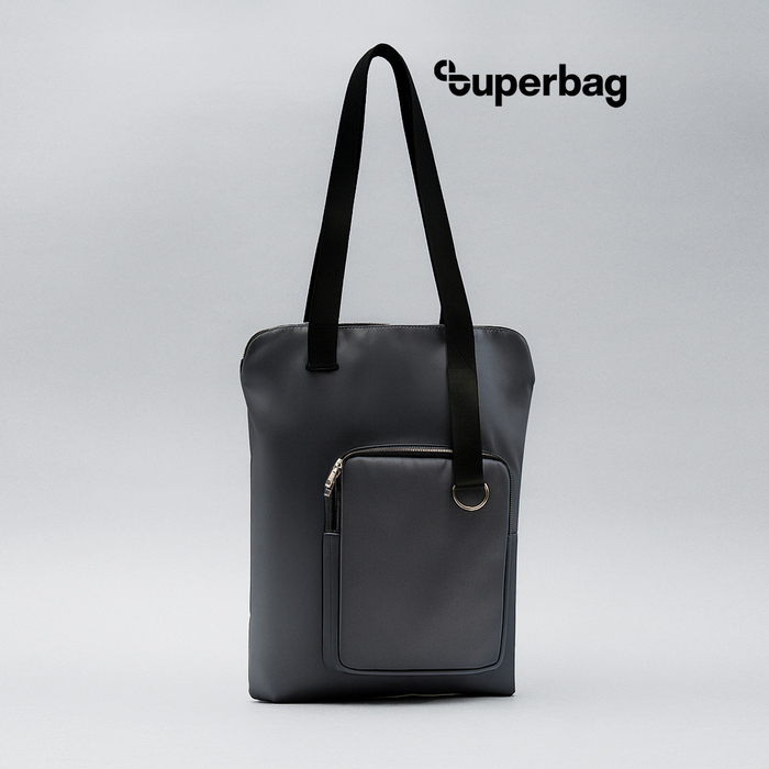 Шоппер Superbag Pocket, с внутренним креплением (карабин) и чехлом для мелочей (серый с черным) для нанесения логотипа